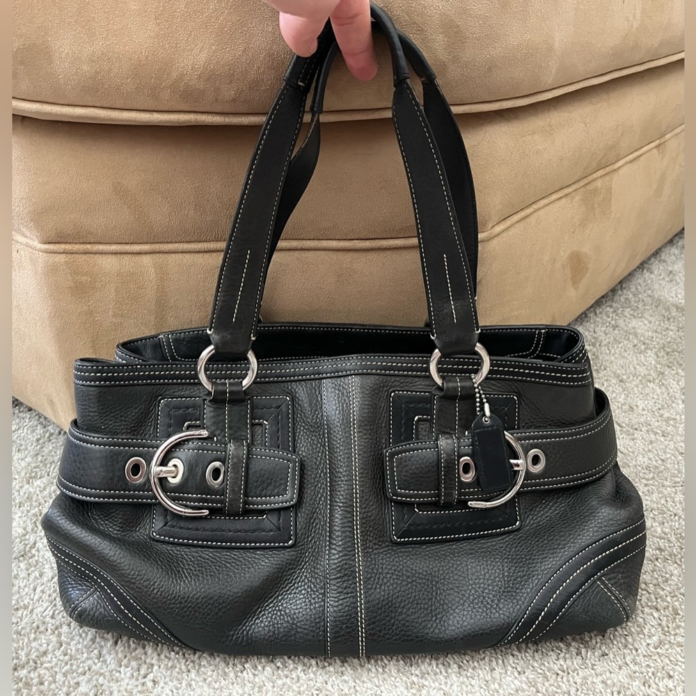 Coach Black Pebbled Leather Hampton Buckle Satchel Handbag Purse H0698-02764
